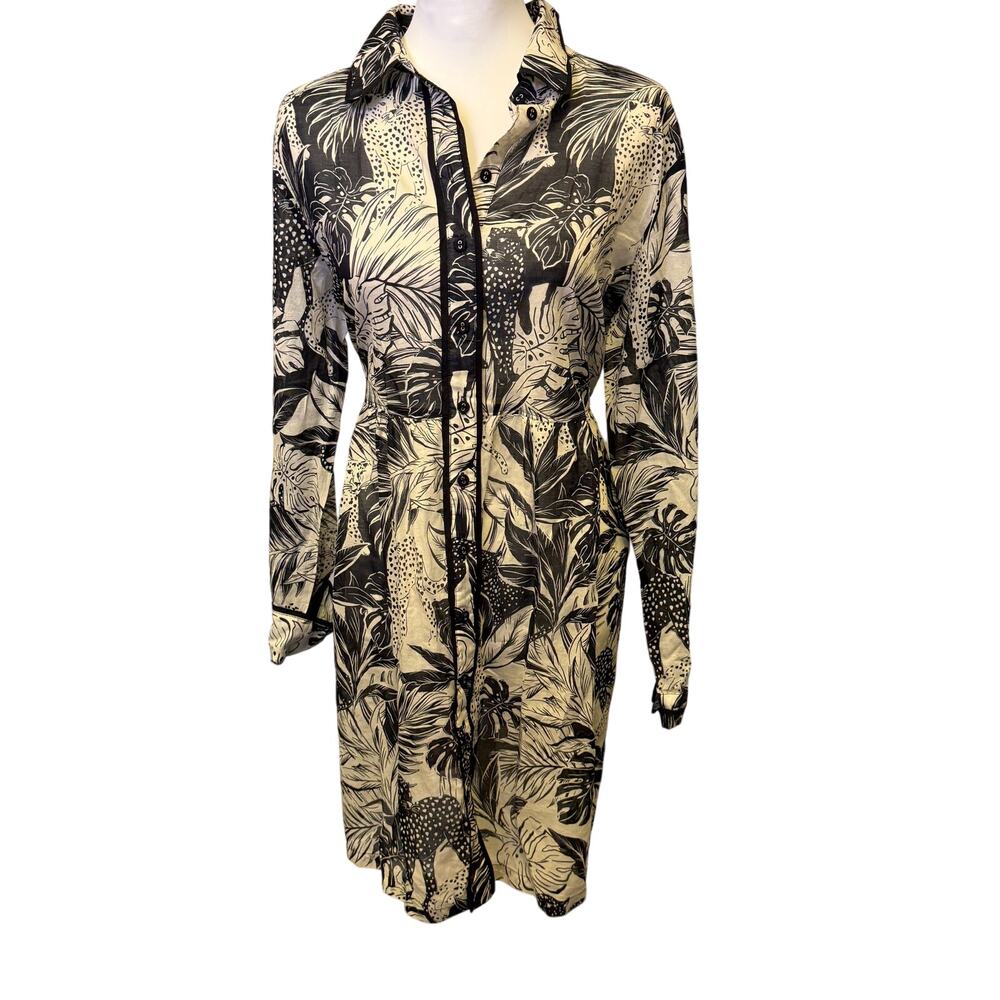 Johnny Was Black and Cream Botanical Shirt Dress Midi